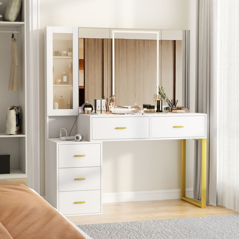 Mercer41 Raphy White Vanity with Light Up Tri-fold Mirror & Reviews ...